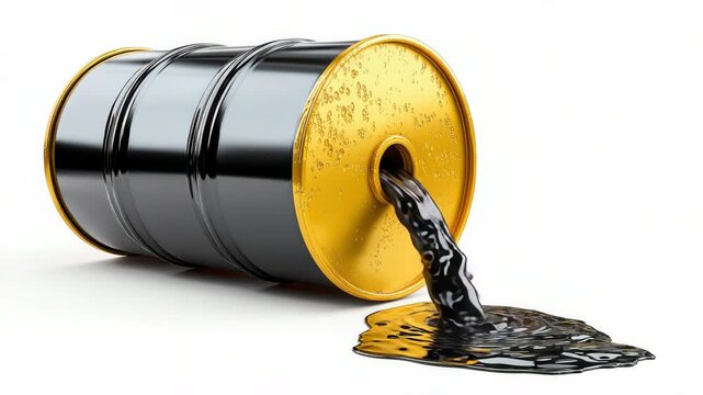 Oil barrel spillage: liquid flowing from tipped drum onto surface in motion sequence