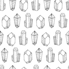 Mineral Rock Crystals Vector Seamless Black and White Pattern