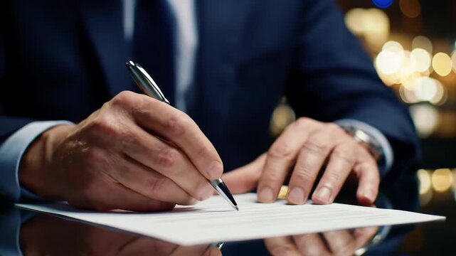 Close up on a business man in dark blue suit signing contract or documents with a pen on a reflective desk with blurred background lights.