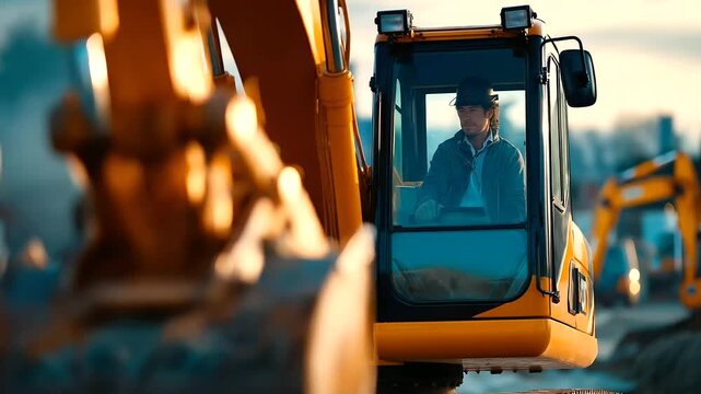 Bright yellow excavator at dynamic angle faceless operator barely visible through cabin glass hydraulic arm and bucket in sharp focus defocused construction site background