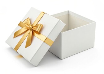 3D illustration of a white gift box with a golden ribbon, opened with the lid floating above