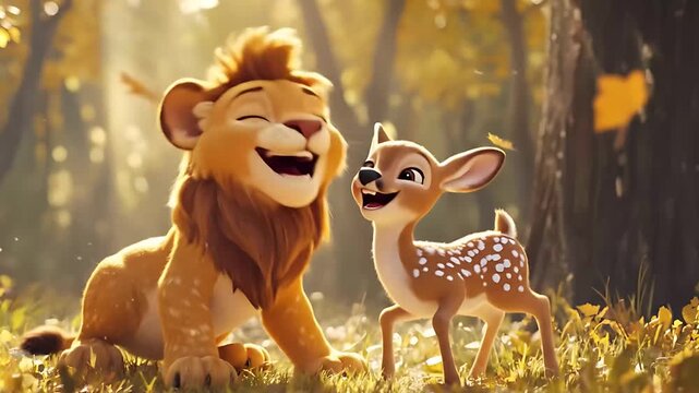 Lion and deer smiling together in a forest - 3d animation.