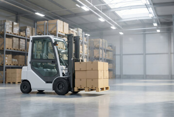 Naklejka premium Forklift carrying cardboard boxes in a modern warehouse