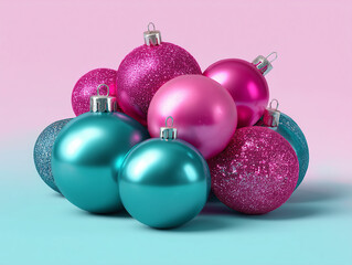 Obraz premium Pink and teal christmas holiday ornaments baubles decorating