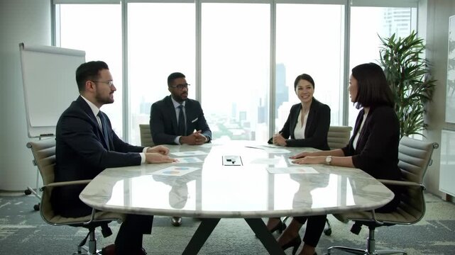 Diverse business team collaborating at a white marble table in a bright office, cityscape background fostering teamwork and positive communication.