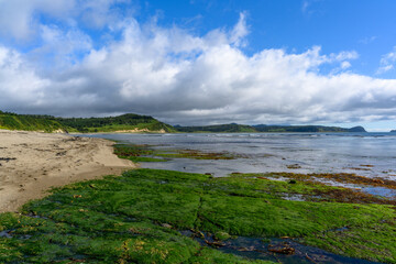 Scenic view of the tranquil coastline in Russia under a bright blue sky