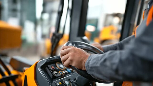 Faceless professional operator's hands and torso controlling skid steer loader defocused construction site through cabin window equipment operation industrial vehicle driver