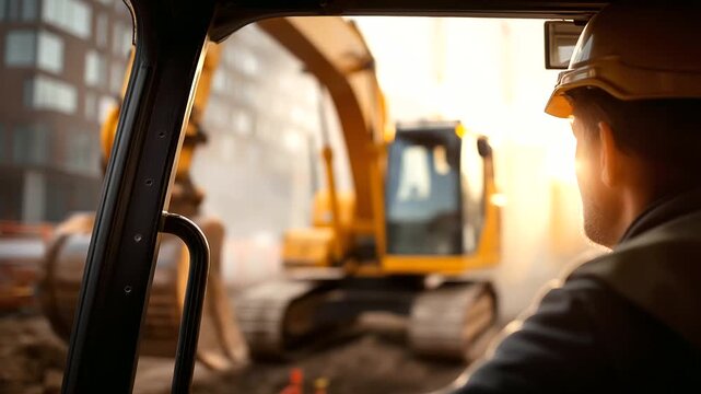 Yellow tracked excavator at active construction site faceless operator silhouette in cabin defocused earthmoving operation in background bucket attachment visible in foreground