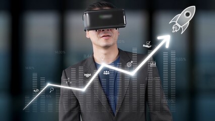 A businessman engages with virtual reality technology to analyze financial data and visualize growth trends in a modern office setting, highlighting innovation and strategy. Raster