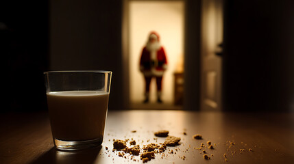 A glass of milk and scattered cookie crumbs sit on a dark table, with a figure in red standing in a doorway in the background, waiting to deliver gifts in the festive night.