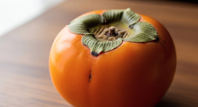 Vibrant and fresh, a ripe persimmon fruit with its iconic green calyx sits gracefully on a polished wooden surface, a symbol of autumn's healthy bounty