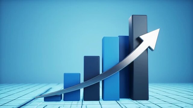 3D render of a growth chart with a white arrow on a blue background, symbolizing business success, financial progress, and upward trends.