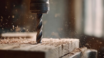 Electric Drill Bit Boring into Wooden Plank