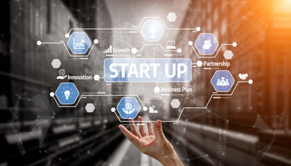 Fototapeta premium A digital interface showcases essential elements of startup growth, highlighting innovation, partnership, and strategic planning in a vibrant urban landscape. Tessel