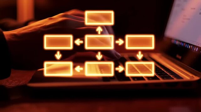 Close-up of a hand using laptop with abstract flowchart overlay in orange. Illustrates a data process and technological solution.
