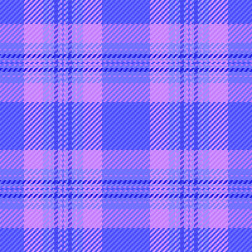 Finish fabric pattern plaid, quilted textile vector texture. Quiet check tartan background seamless in blue and violet colors.