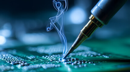Precision soldering on a circuit board. A soldering iron carefully applies heat, melting solder to connect components. Smoke rises in delicate wisps from the freshly soldered joint.