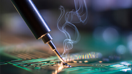 Soldering a circuit board with a soldering iron, creating delicate wisps of smoke.  The focus highlights precision in electronics assembly and repair tasks.