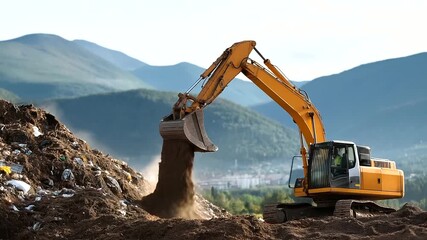 Aerial overhead view of large garbage waste pile faceless excavator machinery working on waste mountain defocused landfill site background environmental disposal operation wast - Powered by Adobe
