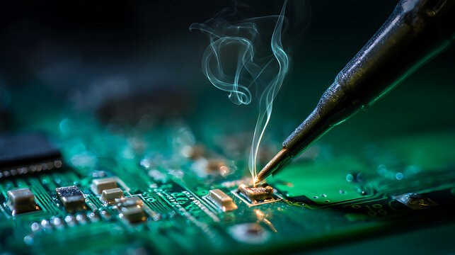 Soldering iron melts metal onto a circuit board, creating smoke as it heats components. The electronic repair connects elements for an electrical connection.