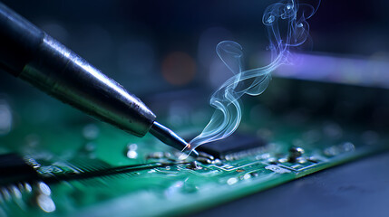 A close-up shows a soldering iron at work on a green circuit board, with wisps of smoke rising. The image conveys precision and the complex nature of electronics repair.