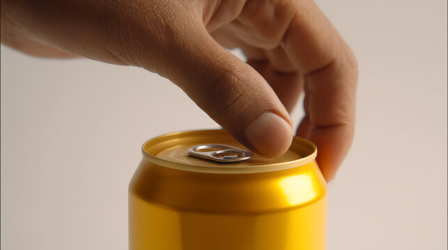 Close up of a person opening an aluminum can. Focus on the can. Can opening in progress, refreshing moment. Golden aluminum can. Finger touching the tab ready to pop it.