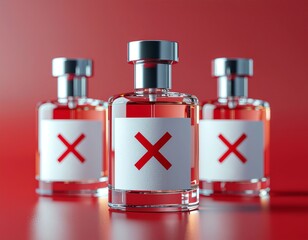 Three elegant perfume bottles with red X mark on blank labels, red background.