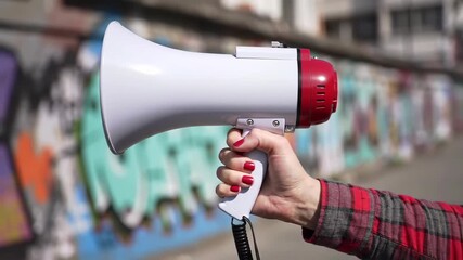 Person holding a white megaphone with a red top against a blurred graffiti wall background outdoors, in a public setting with urban environment