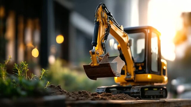 Compact mini digger excavator in active operation faceless operator in small cabin defocused residential area background small scale earthmoving machinery construction