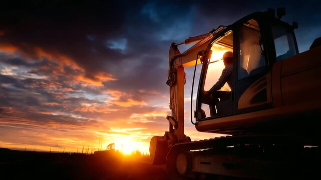 Excavator silhouetted against dramatic sunset sky faceless operator as dark figure in cabin defocused construction site elements below golden hour lighting with rim light on mac