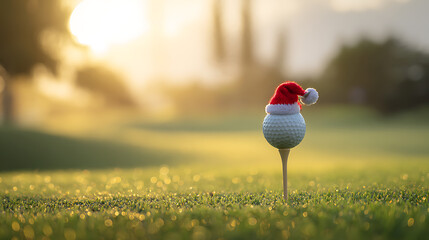 Fototapeta premium Festive golf: A white golf ball wearing a miniature Santa hat sits atop a tee on a lush green golf course bathed in warm sunlight. Christmas spirit on the green!