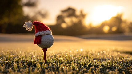 Golf ball on a tee, festively adorned with a Santa hat and scarf, stands on a frosty green, shimmering in the warm sunlight of dawn. A unique holiday golf scene.