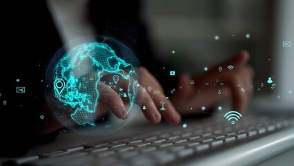 Focused hands typing on a keyboard with an animated globe and digital icons, symbolizing global communication, technology, and connectivity. Xenic