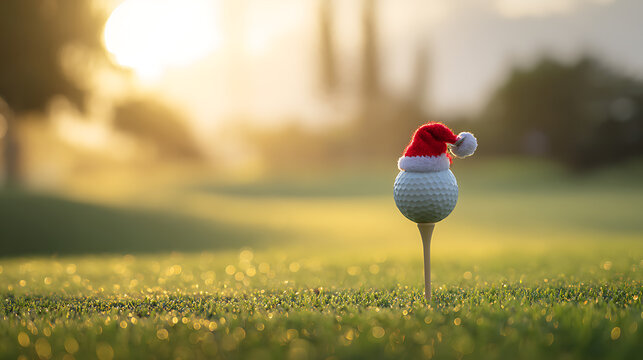 Festive golf: A white golf ball wearing a miniature Santa hat sits atop a tee on a lush green golf course bathed in warm sunlight. Christmas spirit on the green!