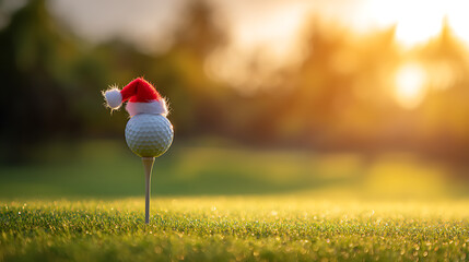 Festive golf ball with a Santa hat on the tee, symbolizing a holiday game. The warm sunlight and green course offer a vibrant, cheerful scene. It's a merry approach to golf!