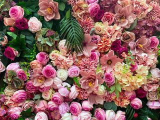 Elegant floral showcase, Soft pastel flower arrangement, Luxurious pink roses and peonies display,...