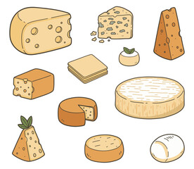 Assorted cheese varieties in flat style illustrations
