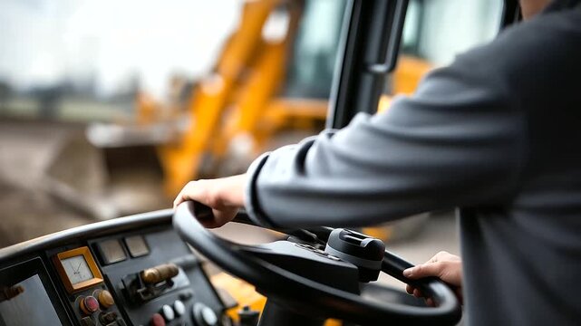 Faceless construction worker's torso operating heavy excavation machinery hands on controls visible defocused open mining pit background professional equipment handling quarry