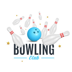Dynamic bowling scene with blue ball and scattered pins
