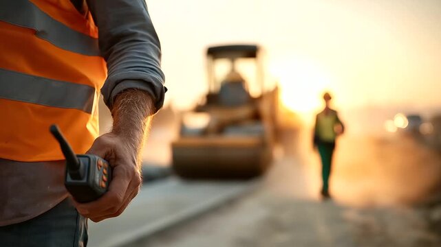 Faceless engineers coordinating road construction worker's hand holding radio communication device in foreground defocused roller compactor machine in background dusty road work