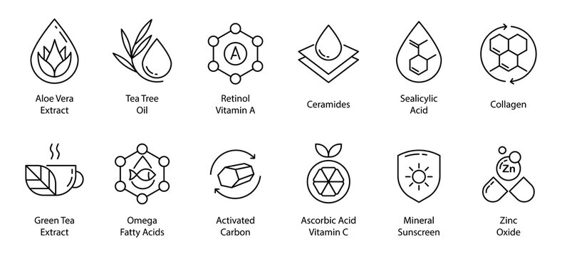 Simple skincare icon set featuring aloe, tea tree, retinol, and more