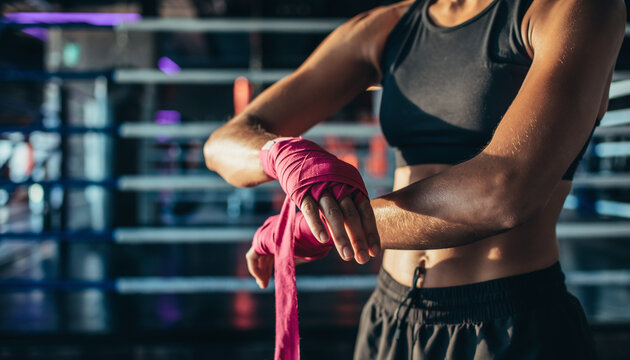 A determined athlete wraps pink hand wraps, preparing for intense training or a fight in a boxing gym. - Powered by Adobe