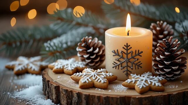 Cozy winter scene with a lit white candle, Christmas decoration, mp4 video. AI