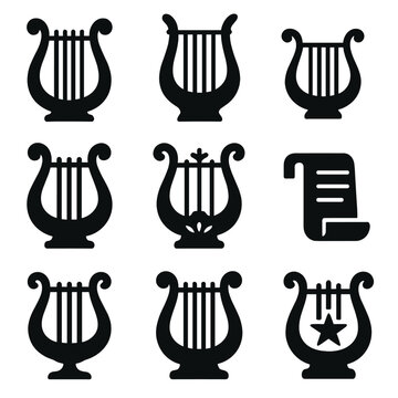 Silhouette collection of nine lyres with scroll icon