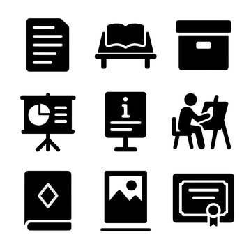 Document, book, box, chart, info, artist, notebook, photo, certificate icons set