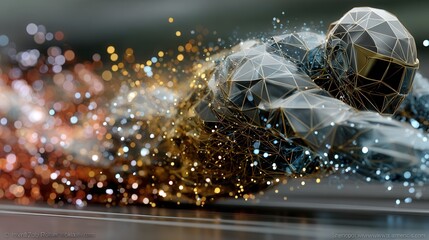 Futuristic 3D low-poly humanoid avatar dissolves into glowing particles, symbolizing digital transformation and rebirth.