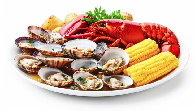 New England clam bake, steamed with clams, lobster, corn, and potatoes. AI