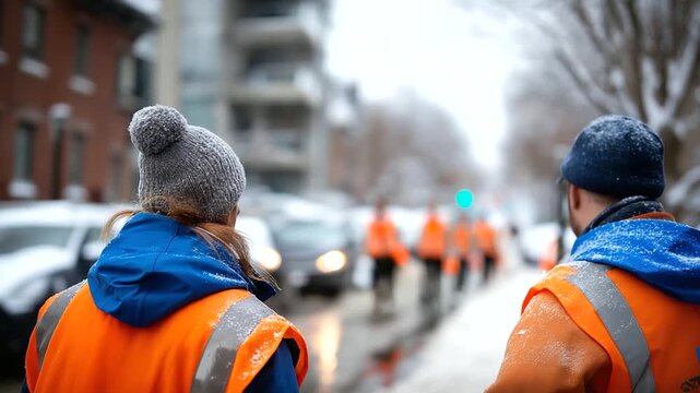 Faceless municipal workers' backs clearing first seasonal snowfall defocused street scene with parked cars snow removal crew in action winter maintenance team cold weather city