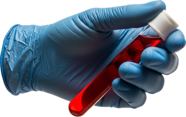 A gloved hand holds a test tube filled with red liquid, ready for medical or scientific analysis.