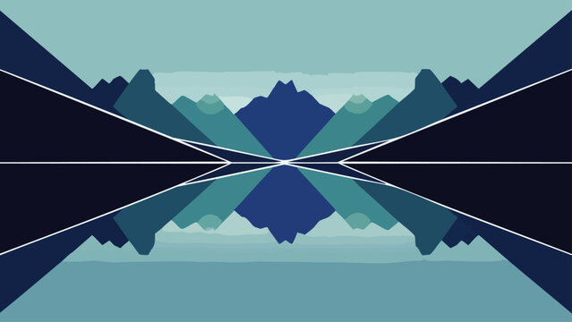 Abstract symmetrical mountain range reflection creates a modern geometric landscape with cool blue and teal tones.